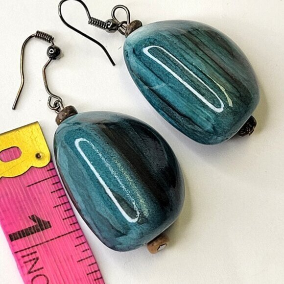 Teal/Black/Golden Colour Fusion Wood Bead Drop Earrings with Silver Tone Closure - Picture 6 of 8